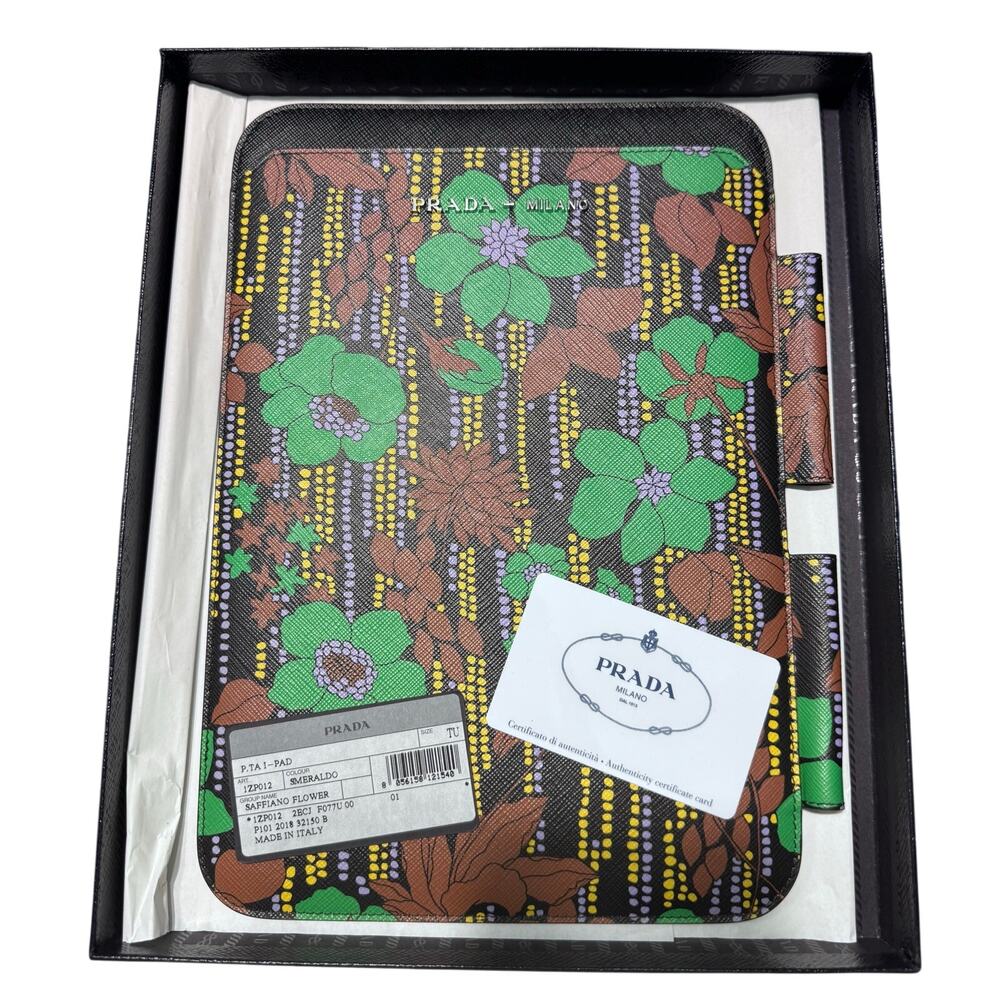 New Auth. Prada Saffiano Leather Floral IPad Tablet Case Holder Full Inclusion